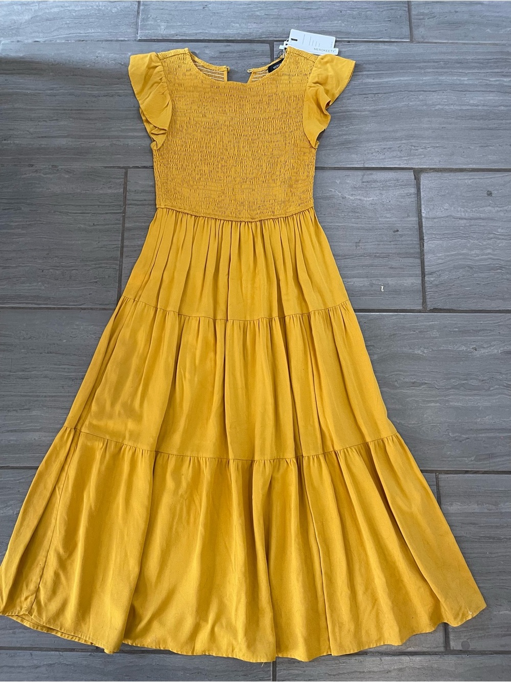 Mustard Yellow Midi Tiered Dress with Flutter Sleeves
